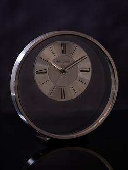 William Widdop Round Analogue Roman Numeral Mantel Clock - view 2, Silver