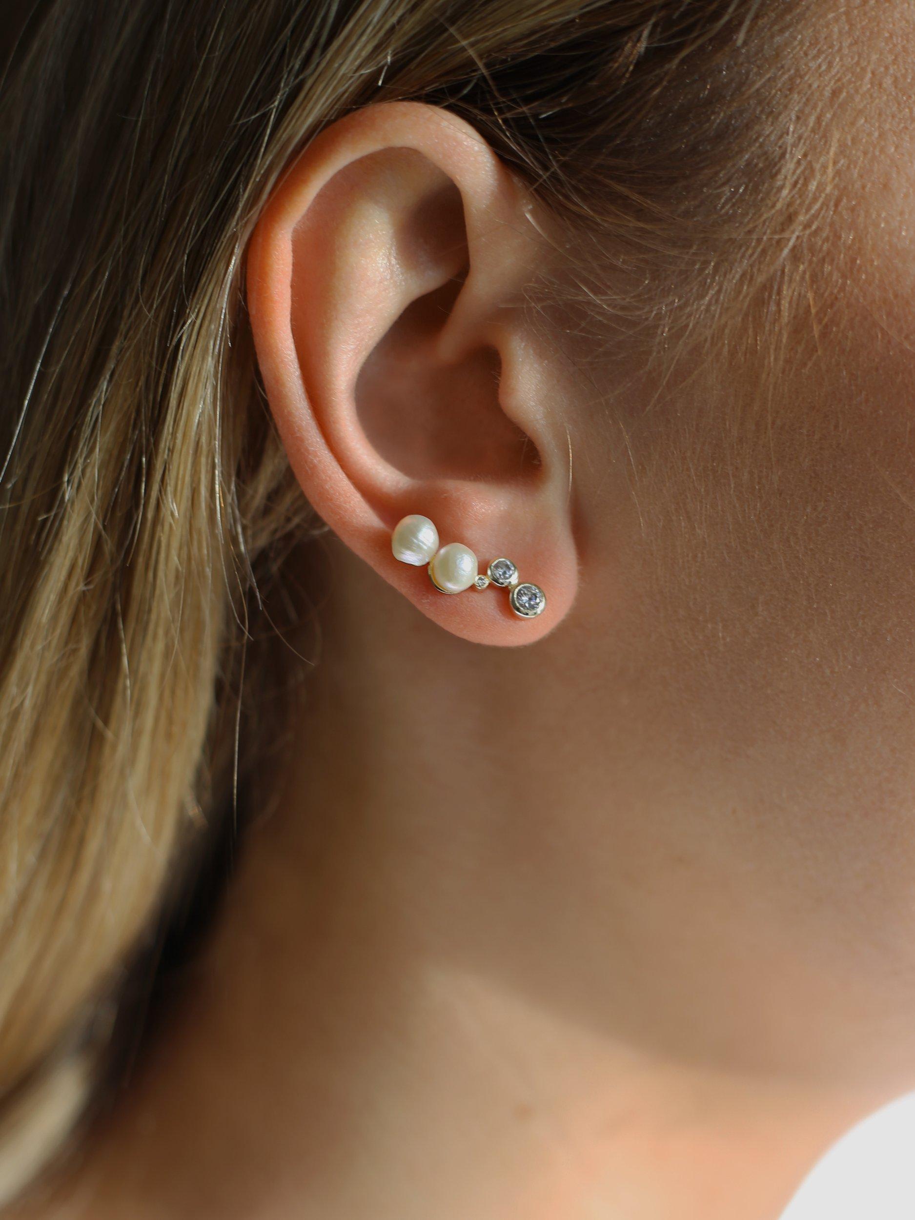 Product image 2 of 5, which shows Tutti & Co Oyster Freshwater Pearl and Cubic Zirconia Climber Earrings, Gold