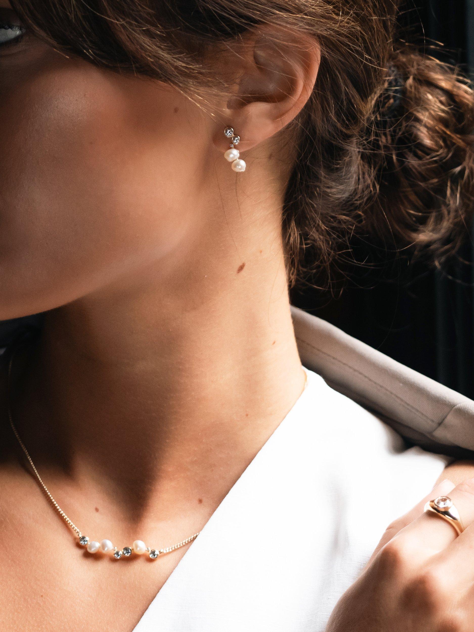 Product image 4 of 5, which shows Tutti & Co Oyster Freshwater Pearl and Cubic Zirconia Climber Earrings, Gold