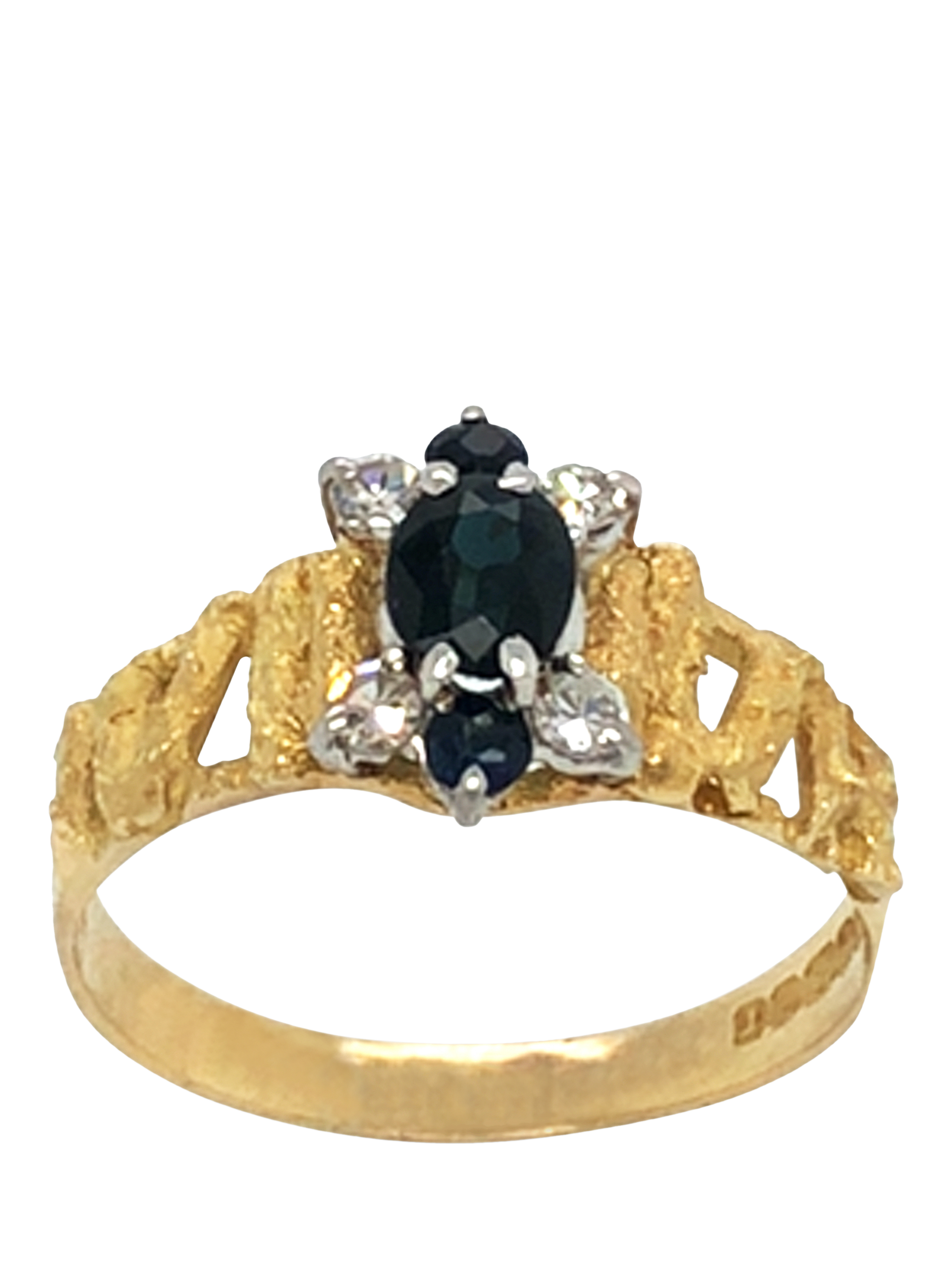Vintage Fine Jewellery Pre-Loved 18ct Yellow Gold Sapphire and Diamond Barked Ring, Dated Birmingham 1968