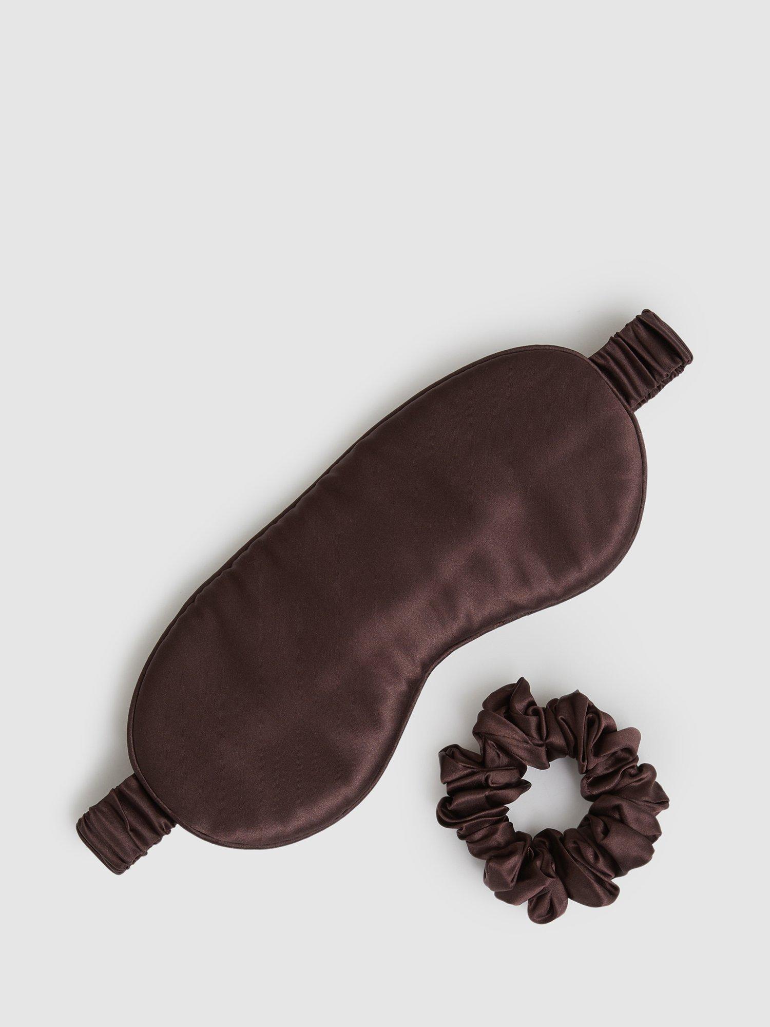 Reiss Ellen Silk Eye Mask & Hair Scrunchie Set, Chocolate