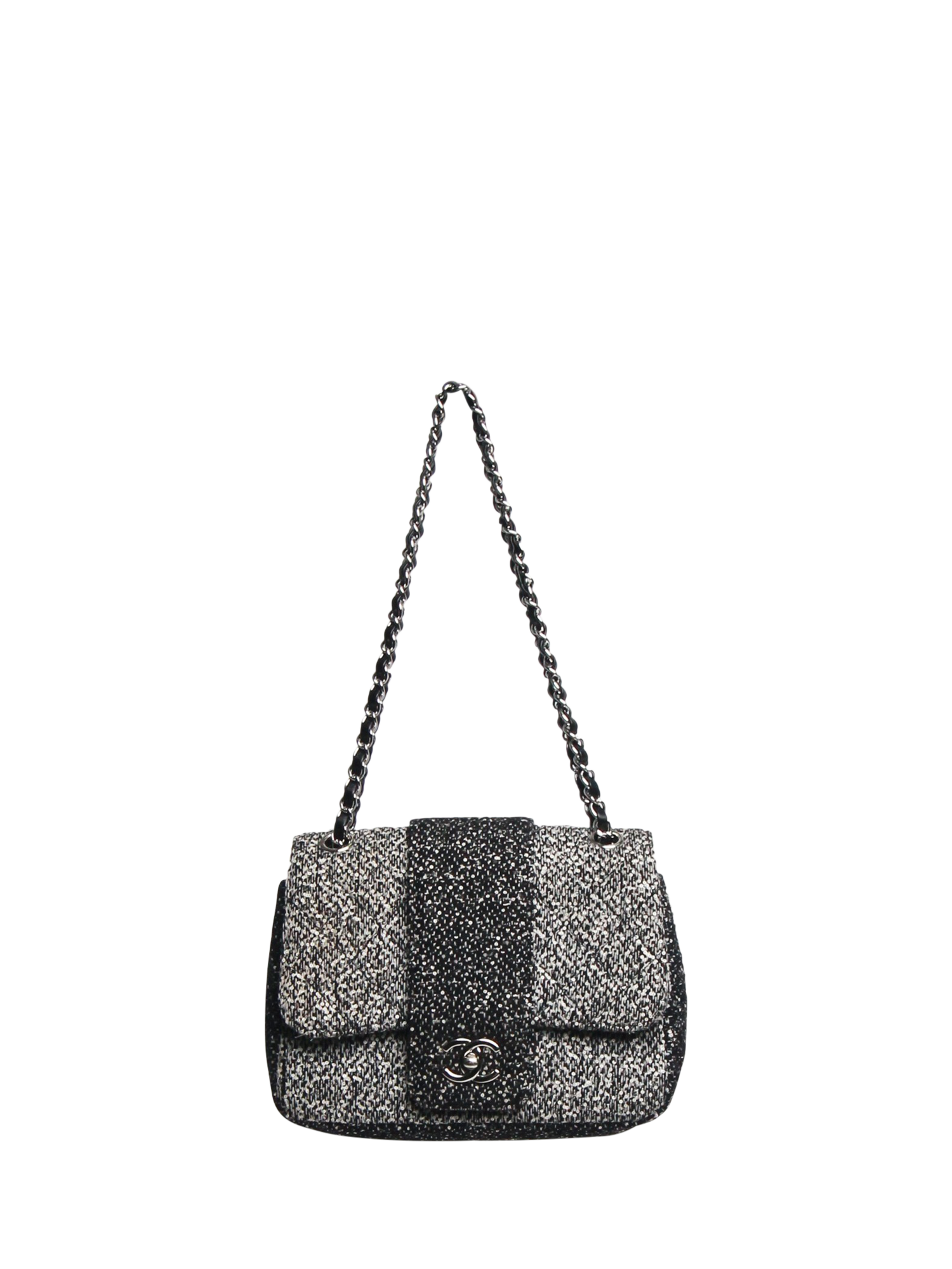 Pre loved CHANEL 2015 2016 Boucle And Sequin Flap Shoulder Bag Black White