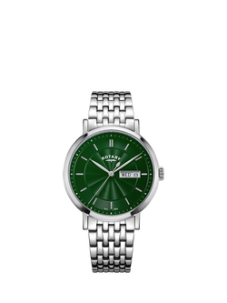 Rotary GB05420/24 Men's Traditional Dress Bracelet Strap Watch, Silver/Green, Silver/Green