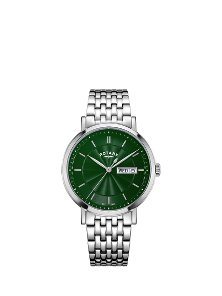Rotary GB05420/24 Men's Traditional Dress Bracelet Strap Watch, Silver/Green, Silver/Green