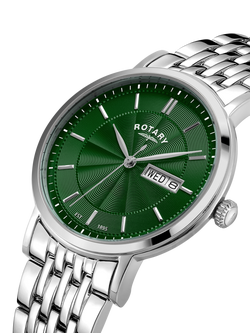 Rotary GB05420/24 Men's Traditional Dress Bracelet Strap Watch, Silver/Green - view 2, Silver/Green