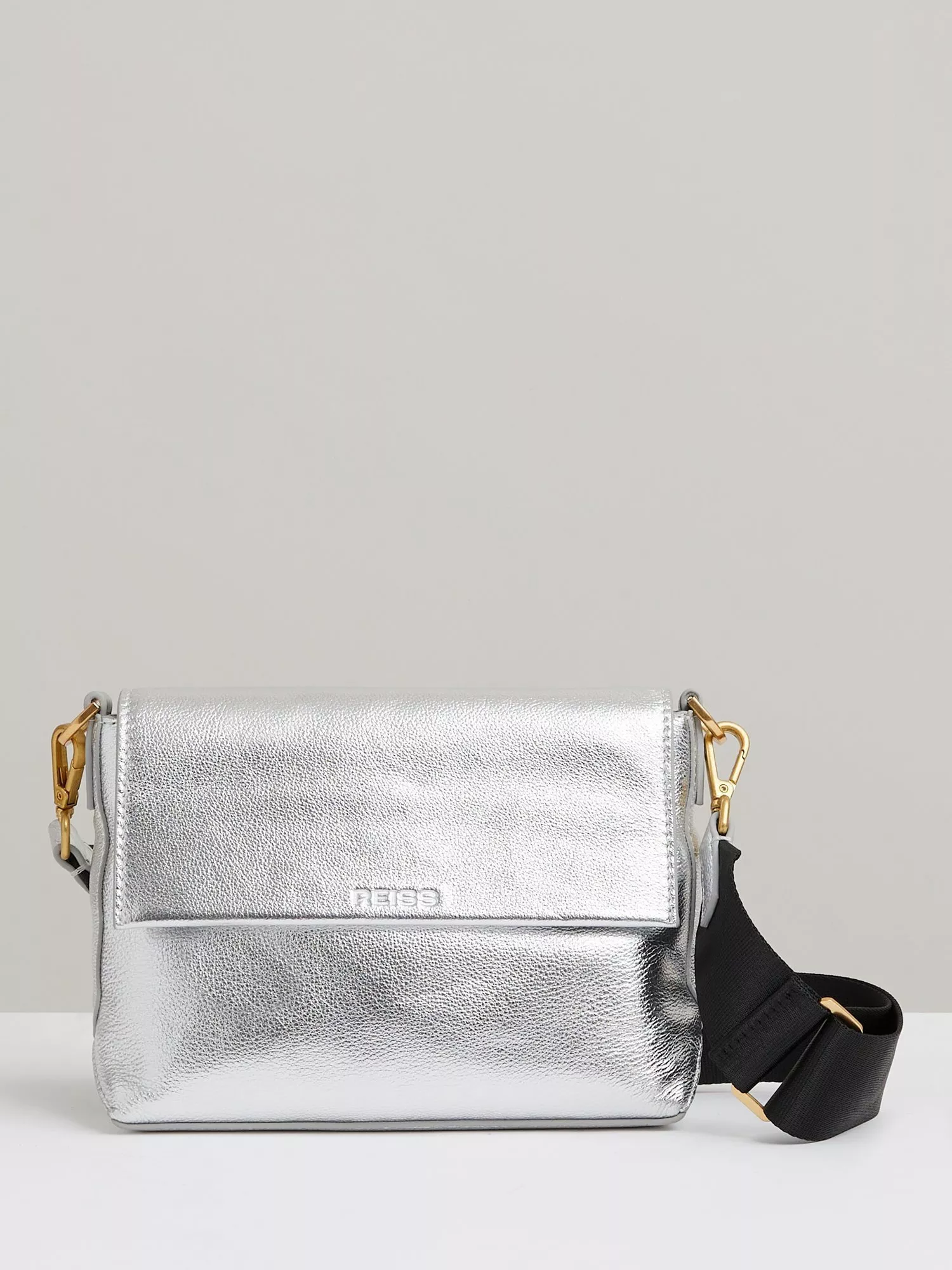 Reiss Selena Metallic Leather Flapover Crossbody Bag Silver