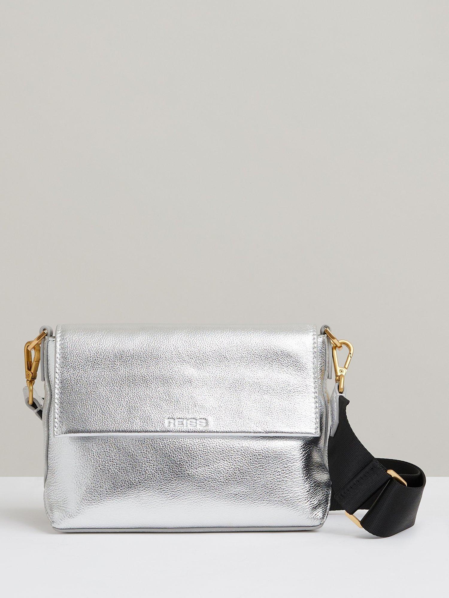 Reiss Selena Metallic Leather Flapover Crossbody Bag, Silver
