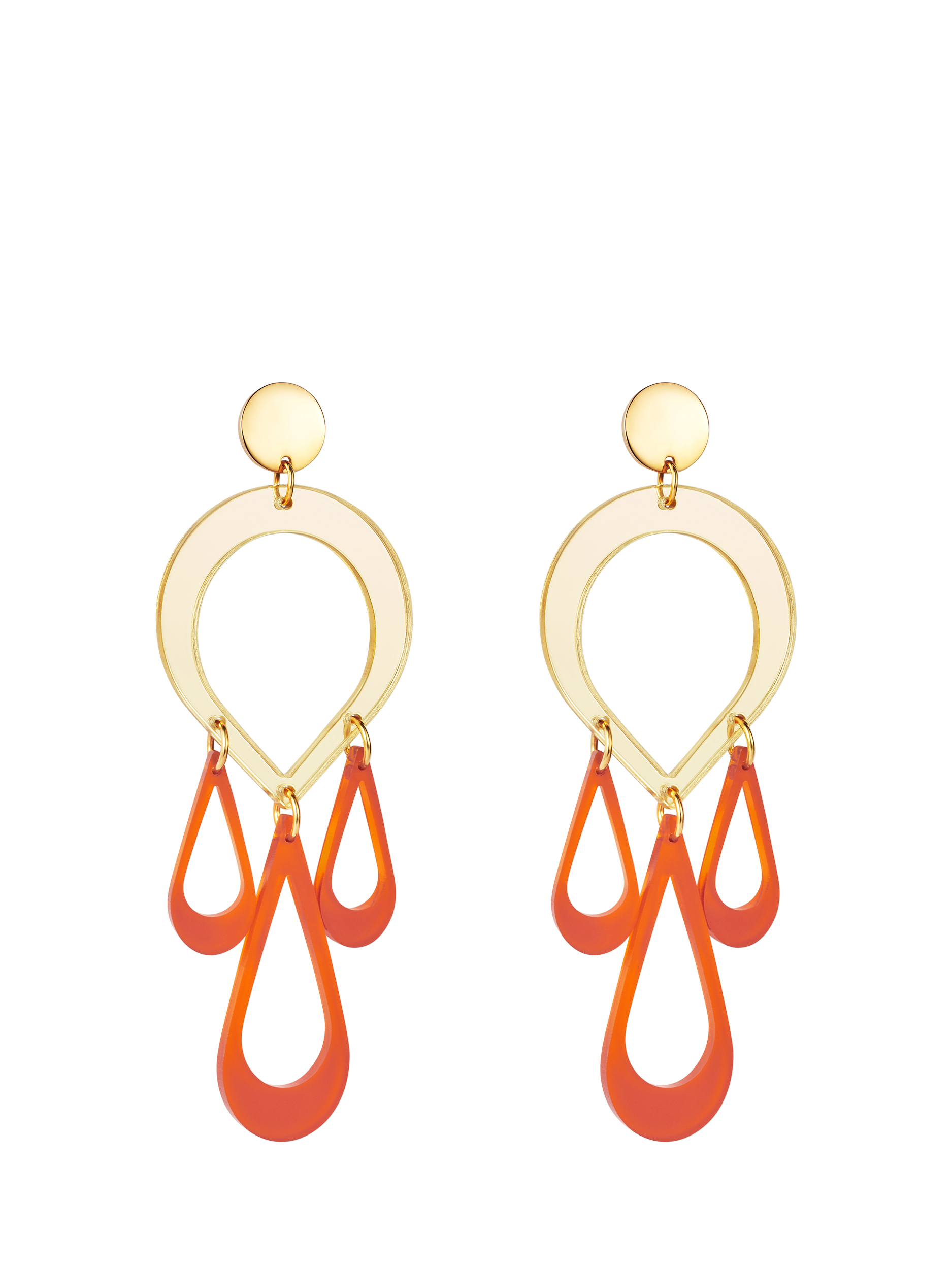 Toolally x Laura Whitmore Peacock Feather Large Drop Earrings, Orange/Gold Mirror
