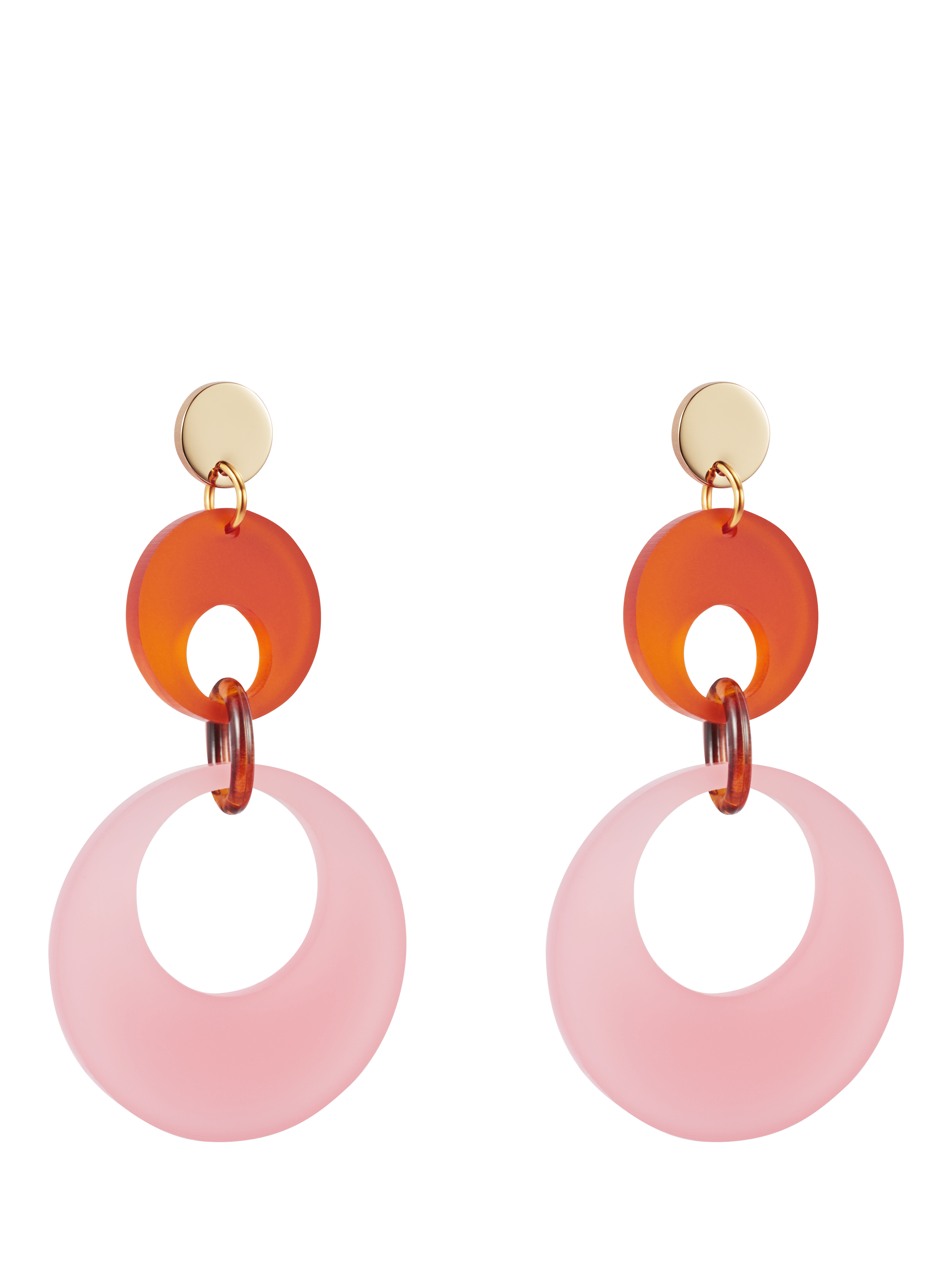 Product image 1 of 2, which shows Toolally x Laura Whitmore Swinging Circles Drop Earrings, Orange/Pink/Gold