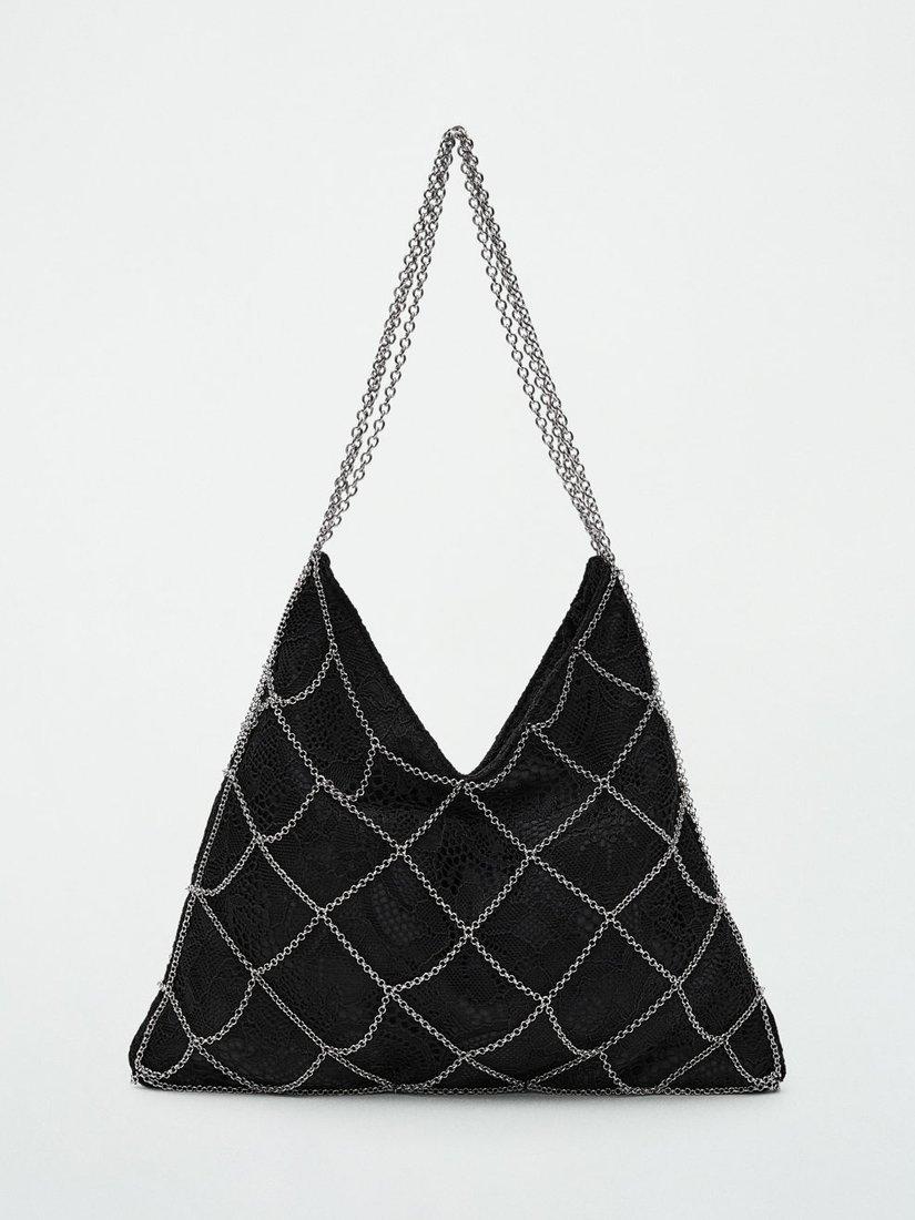 Mango Teese Decorative Chain Lace Slouchy Bag, Black/Silver