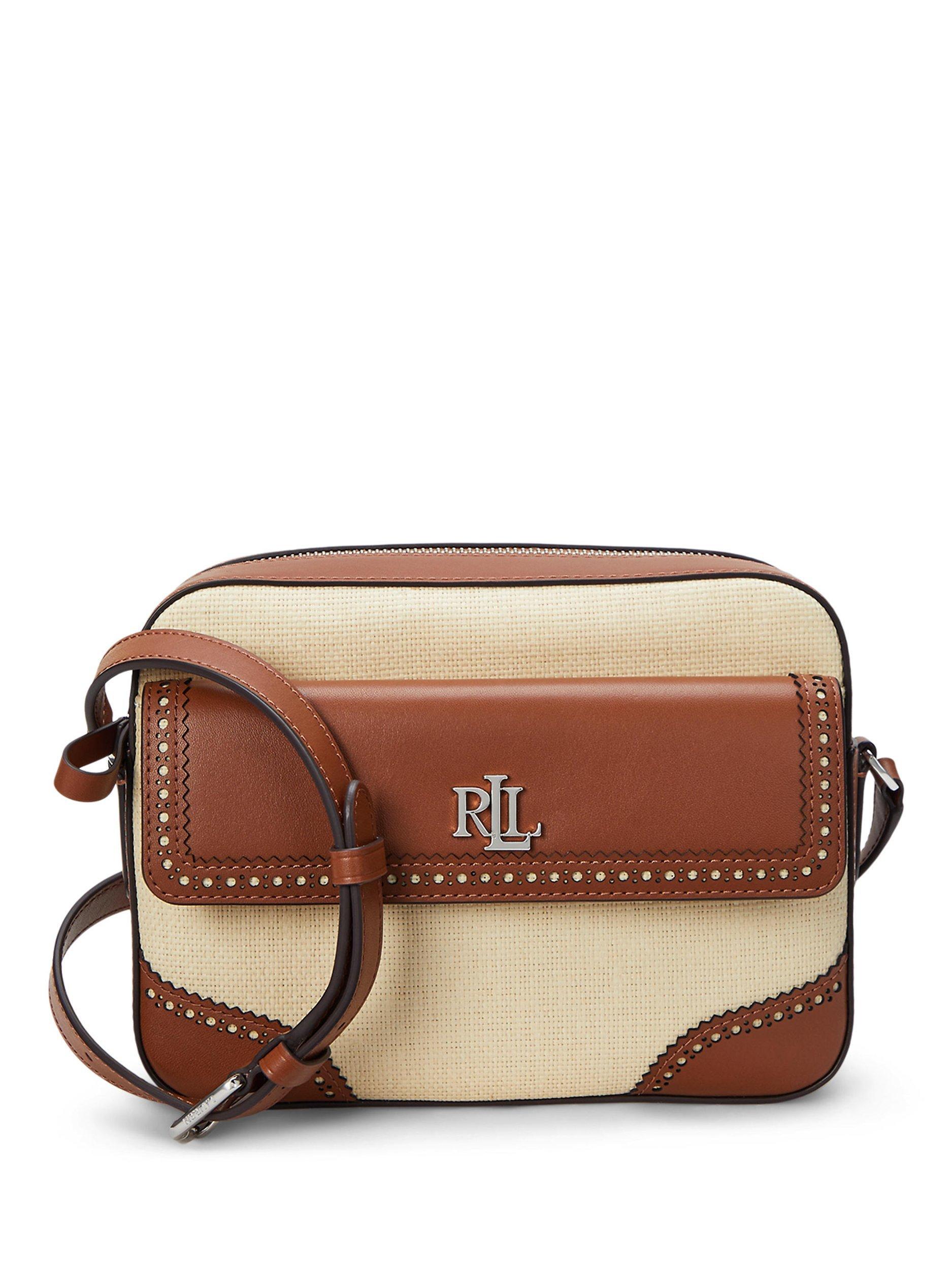 Product image 1 of 6, which shows Lauren Ralph Lauren Marcy Two-Tone Straw Satchel Bag, Lght Ntl/Lauren Tan