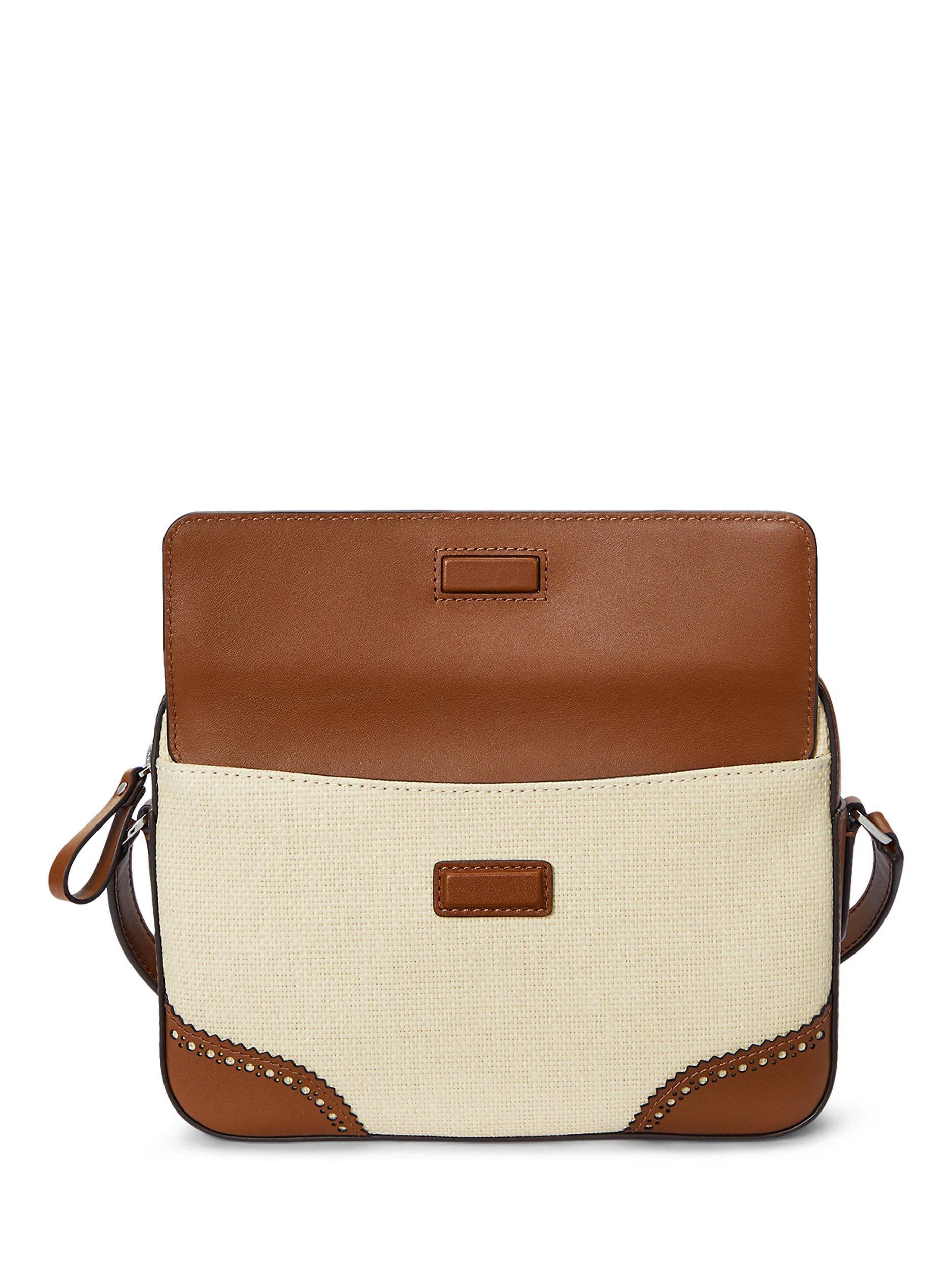 Product image 2 of 6, which shows Lauren Ralph Lauren Marcy Two-Tone Straw Satchel Bag, Lght Ntl/Lauren Tan