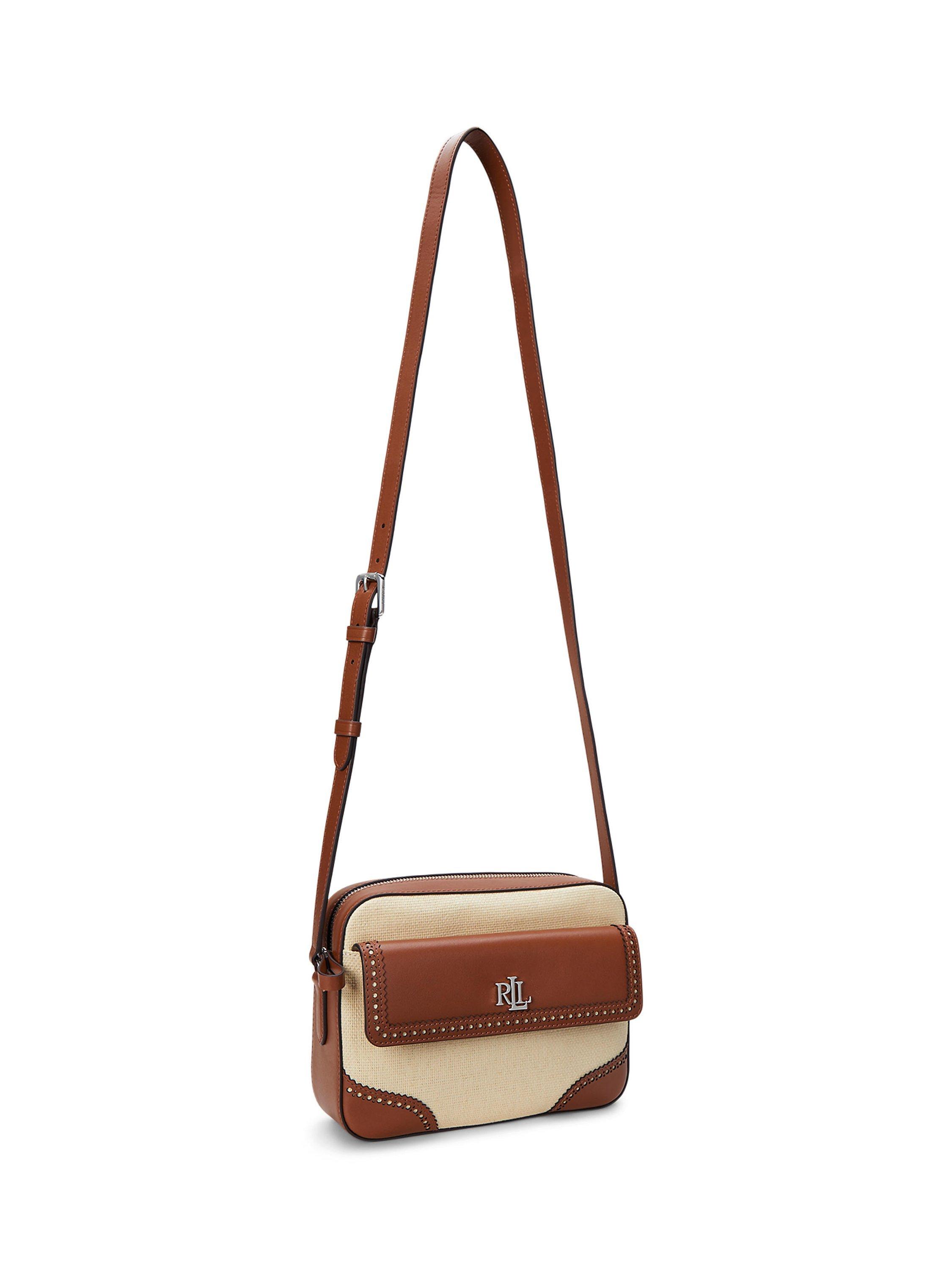 Product image 3 of 6, which shows Lauren Ralph Lauren Marcy Two-Tone Straw Satchel Bag, Lght Ntl/Lauren Tan