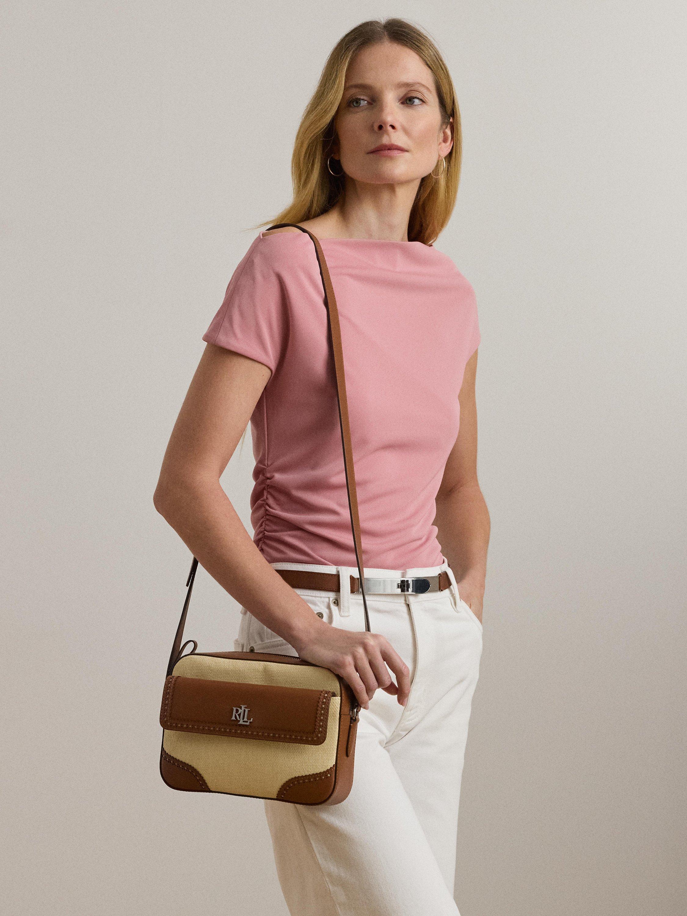 Product image 5 of 6, which shows Lauren Ralph Lauren Marcy Two-Tone Straw Satchel Bag, Lght Ntl/Lauren Tan