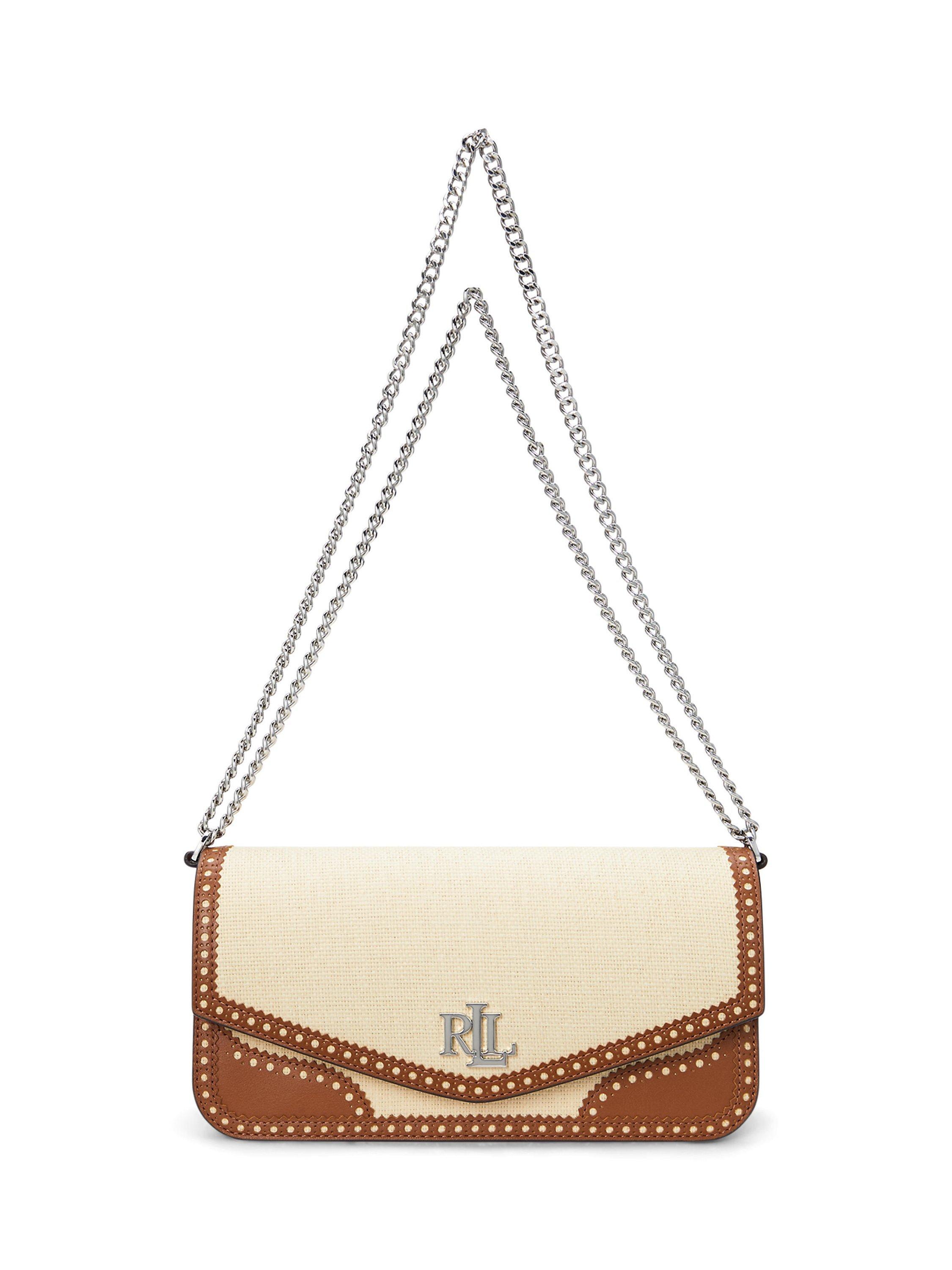 Product image 1 of 6, which shows Lauren Ralph Lauren Sawyer Raffia & Leather Shoulder Bag, Light Natural/Lauren Tan