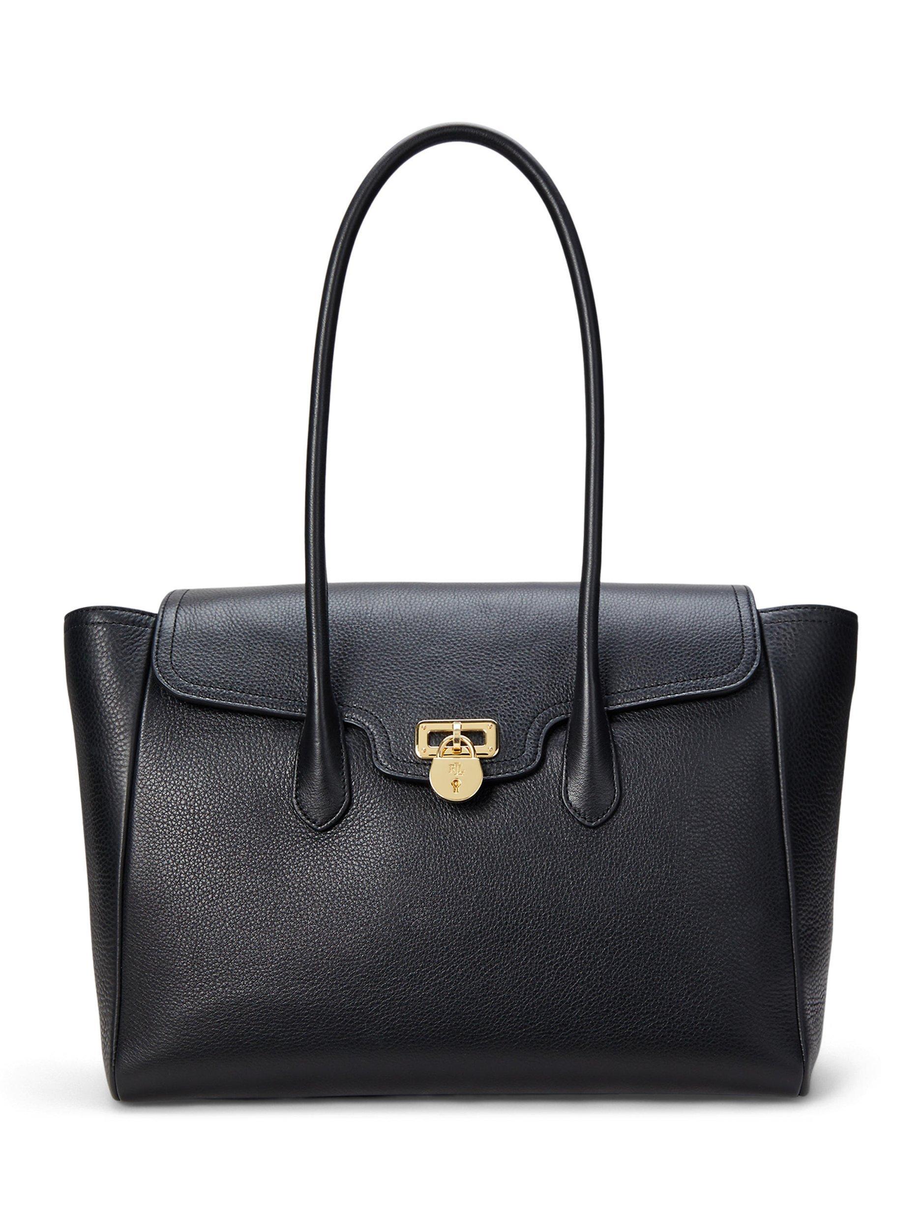 Product image 1 of 5, which shows Lauren Ralph Lauren Tanner Large Pebbled Leather Satchel Tote, Black