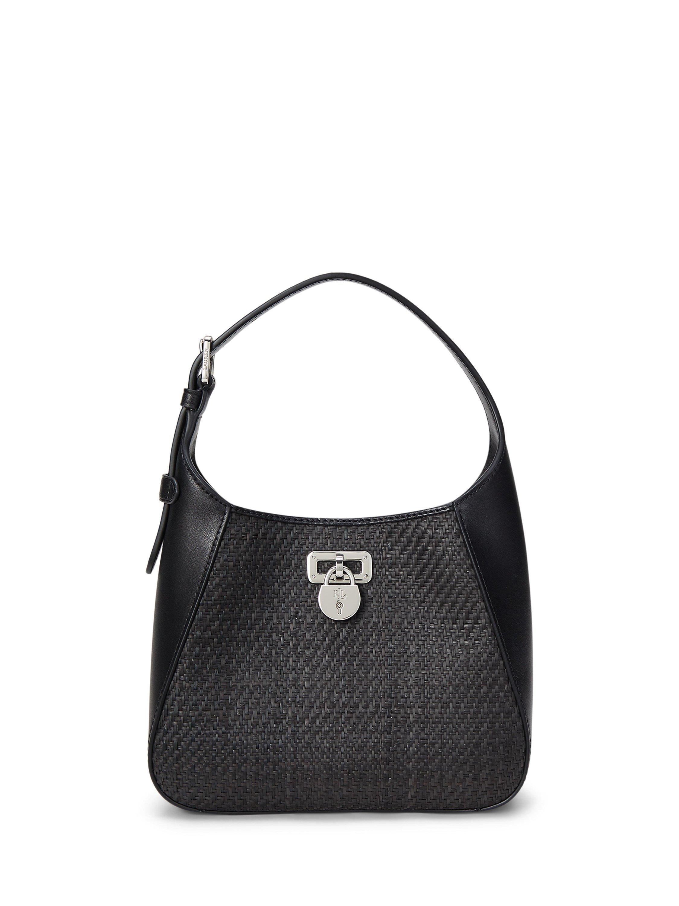 Product image 1 of 7, which shows Lauren Ralph Lauren Tanner Small Raffia Shoulder Bag, Black