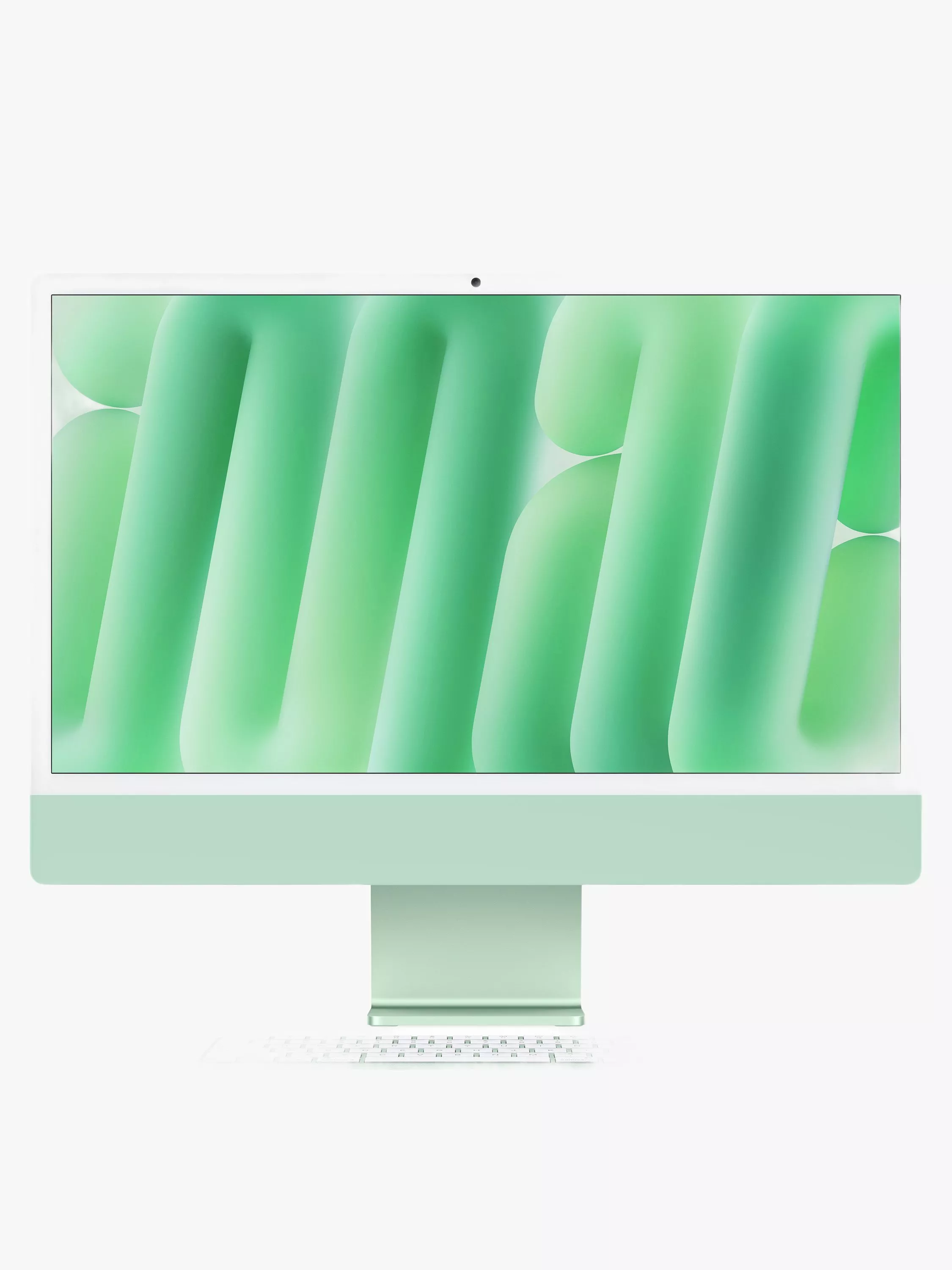 Front view of green all-in-one desktop computer with keyboard and mouse on a white background