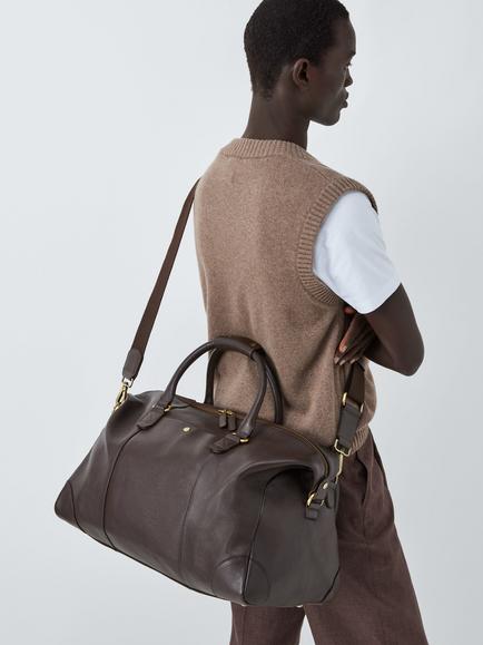 John Lewis Leather Weekender Bag - view 2, Dark Brown