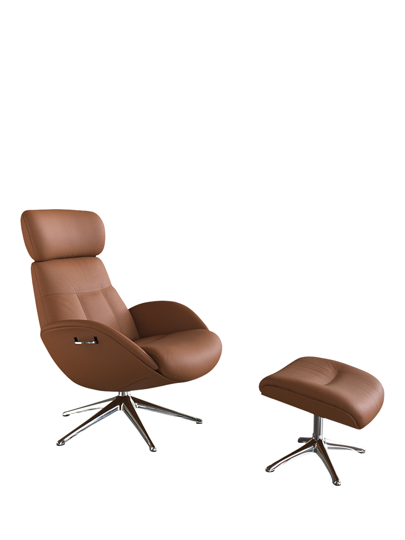Elegant Range, Flexlux Elegant Relax Recliner Chair and Footstool, Polished Aluminium Leg, Dakota Modern Cognac Brown