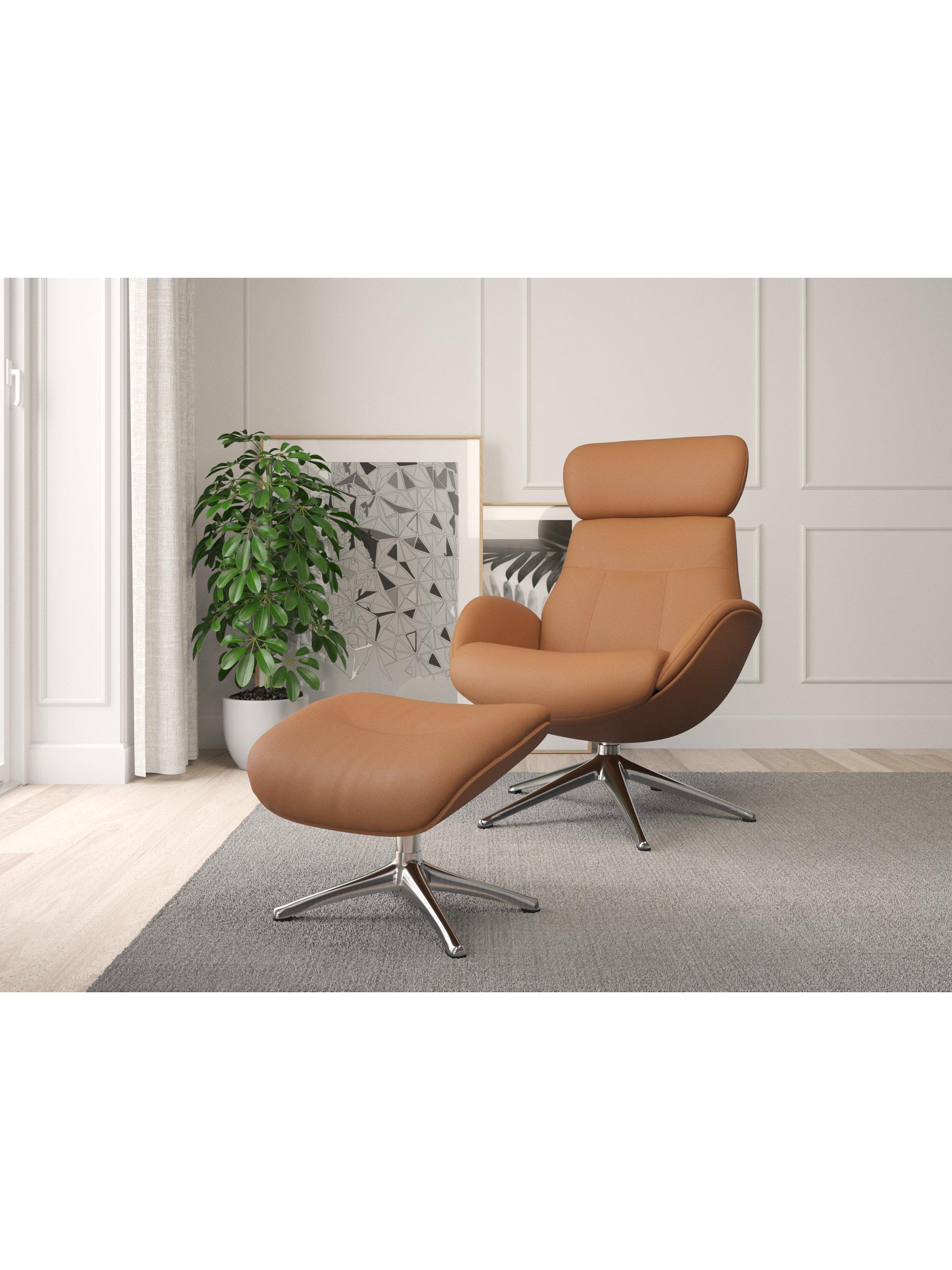 Elegant Range, Flexlux Elegant Relax Recliner Chair and Footstool, Polished Aluminium Leg, Dakota Modern Cognac Brown