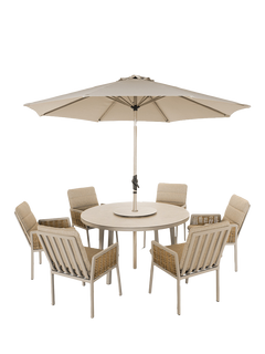 LG Outdoor Havana 6-Seater Round Garden Dining Table & Chairs Set with Parasol, Natural