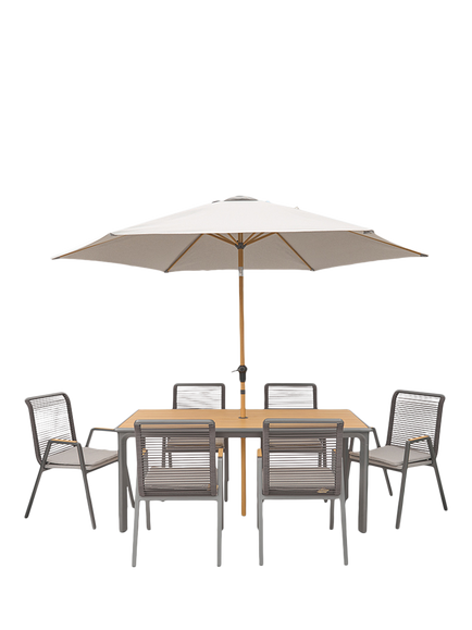 LG Outdoor Sanctuary Rope 6-Seater Rectangular Garden Dining Table & Chairs Set with Parasol, Grey, Aluminium And Wood