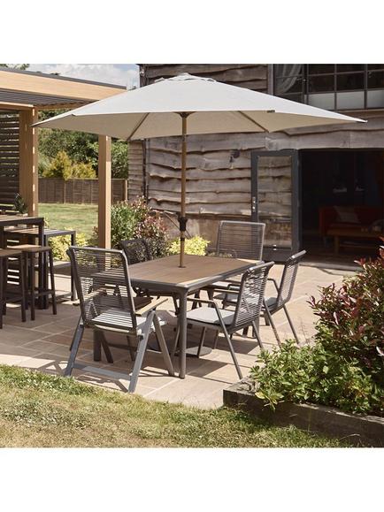 LG Outdoor Sanctuary Rope 6-Seater Rectangular Garden Dining Table & Chairs Set with Parasol, Grey - view 2, Aluminium And Wood