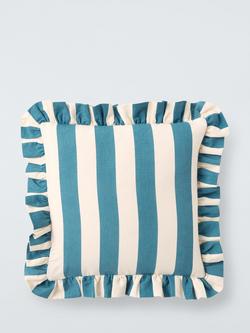 John Lewis Block Stripe Frilled Cushion, Cerulean