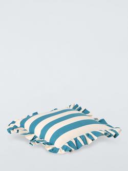 John Lewis Block Stripe Frilled Cushion - view 2, Cerulean