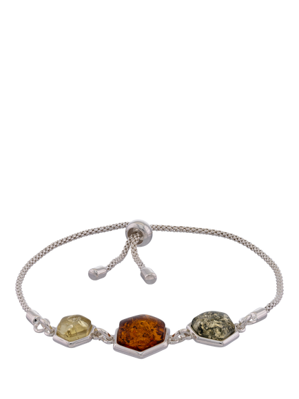 Be-Jewelled Baltic Amber 3 Stone Chain Bracelet, Silver/Cognac, Silver/Cognac