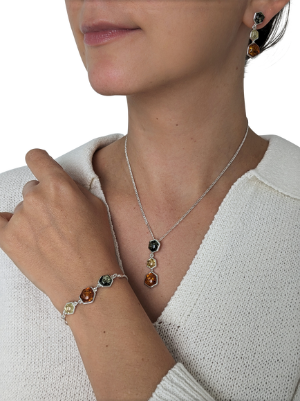 Be-Jewelled Baltic Amber 3 Stone Chain Bracelet, Silver/Cognac - view 2, Silver/Cognac