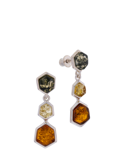 Be-Jewelled Geometric Cut Baltic Amber Triple Drop Earrings, Multi, Multi