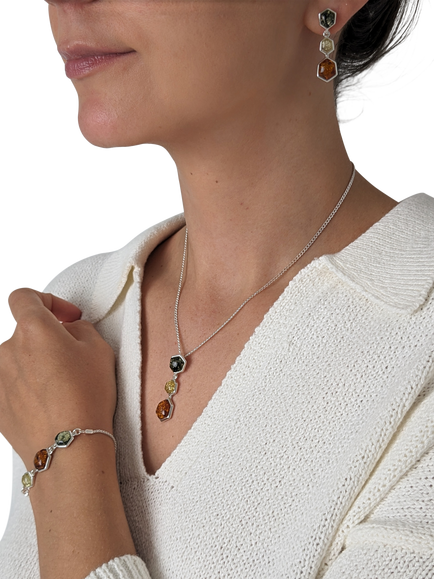 Be-Jewelled Geometric Cut Baltic Amber Triple Drop Earrings, Multi - view 2, Multi