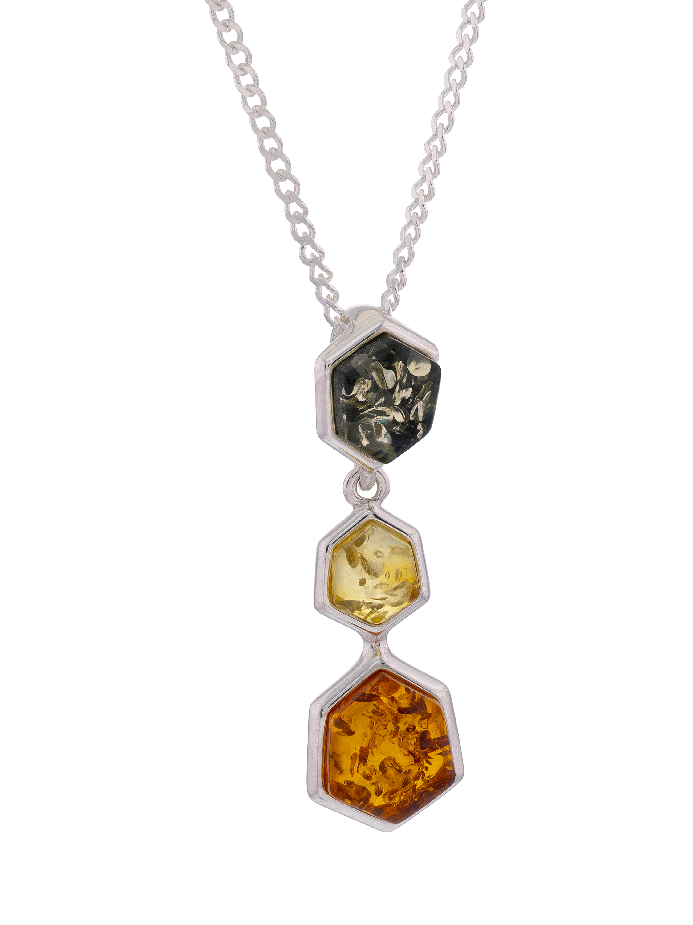 Be Jewelled Baltic Amber 3 Stone Pendant Necklace Silver Cognac