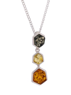 Be-Jewelled Baltic Amber 3 Stone Pendant Necklace, Silver/Cognac, Silver/Cognac