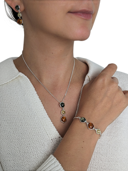 Be-Jewelled Baltic Amber 3 Stone Pendant Necklace, Silver/Cognac - view 2, Silver/Cognac