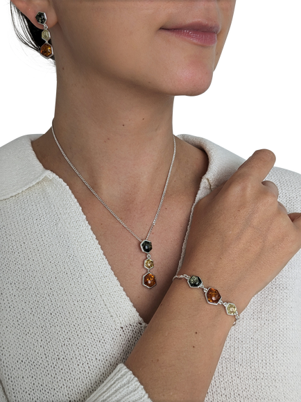 Be-Jewelled Baltic Amber 3 Stone Pendant Necklace, Silver/Cognac - view 2, Silver/Cognac