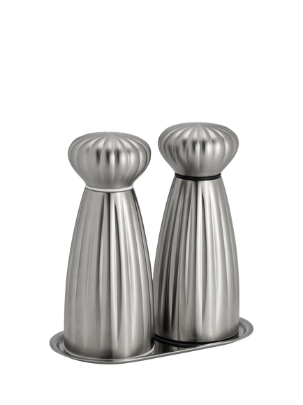 Robert Welch Palm Satin Stainless Steel Salt & Pepper Mills with Tray Set, 3 Piece, Stainless Steel