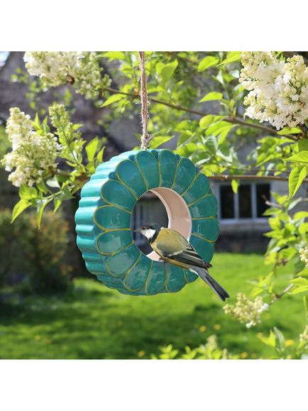 Wildlife World Hanging Ceramic African Daisy Bird Feeder, Blue - view 2, Blue
