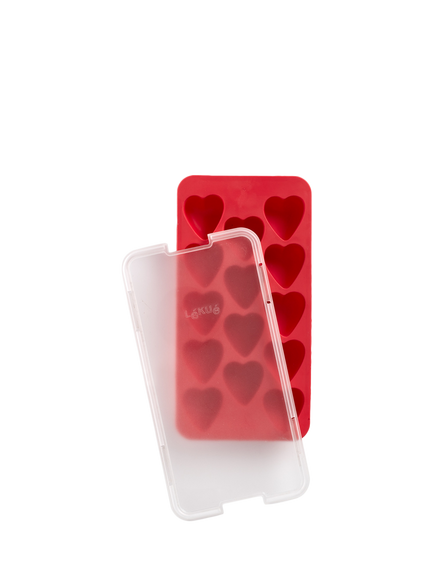 Lékué Heart Ice Cube Tray with Lid, 14 Cube, Red, Red