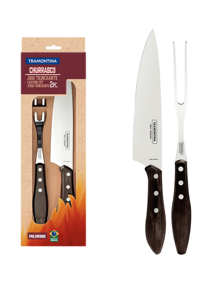 Tramontina Churrasco Stainless Steel Carving Knife & Fork Set with Polywood Handles, 2 Piece - view 2, Brown