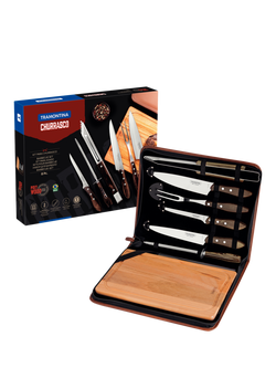 Tramontina Churrasco Stainless Steel Carving Knife & Fork Gift Set with Board, 8 Piece - view 2, Brown