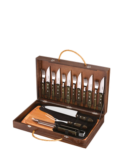 Tramontina Churrasco Stainless Steel Carving Knife & Fork BBQ Gift Set with Board, 17 Piece, Brown