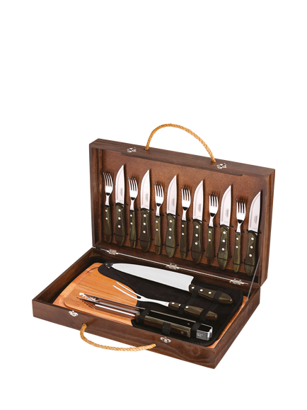 Tramontina Churrasco Stainless Steel Carving Knife & Fork BBQ Gift Set with Board, 17 Piece, Brown