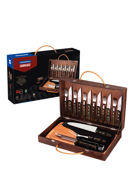 Tramontina Churrasco Stainless Steel Carving Knife & Fork BBQ Gift Set with Board, 17 Piece - view 2, Brown