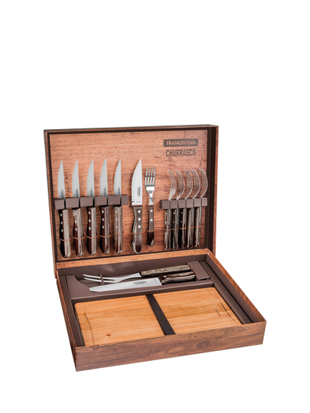 Tramontina Churrasco Stainless Steel Carving Knife & Fork Gift Set with Board, 15 Piece, Brown