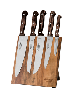 Tramontina Churrasco Stainless Steel Kitchen Knife Set with Wooden Stand, 6 Piece, Brown