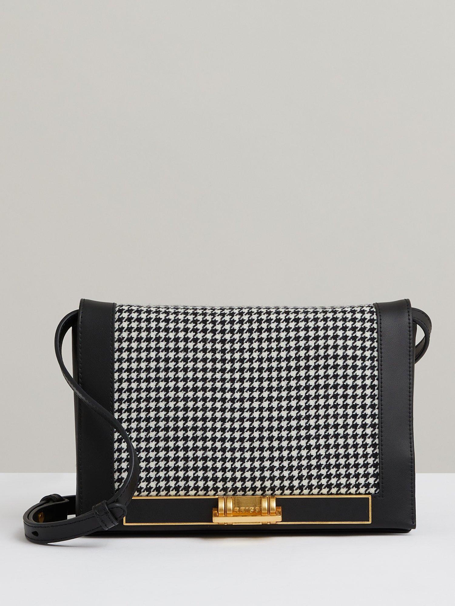 Product image 1 of 4, which shows Reiss Kora Leather Dogtooth Wool Crossbody Bag, Black