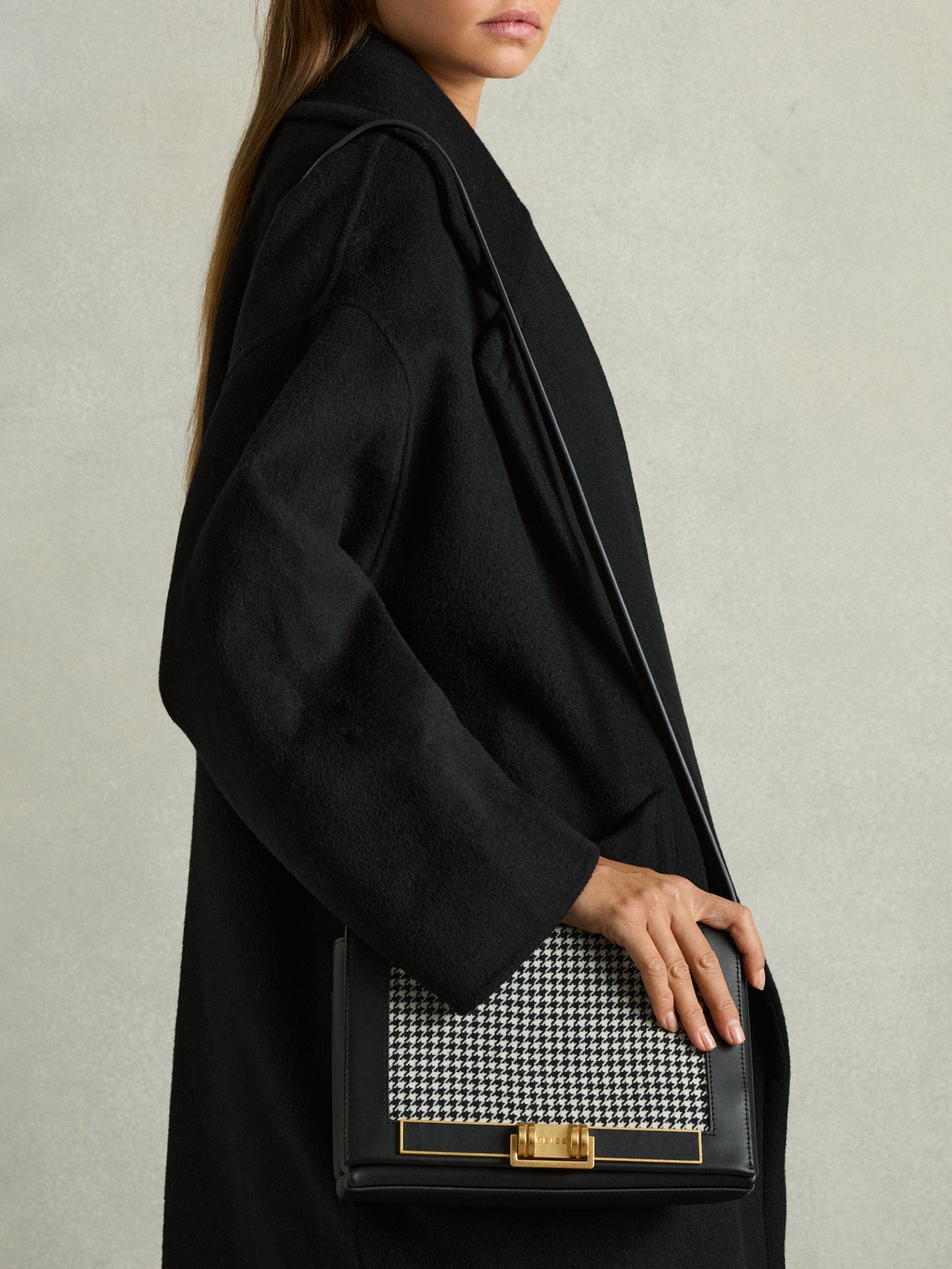 Product image 2 of 4, which shows Reiss Kora Leather Dogtooth Wool Crossbody Bag, Black